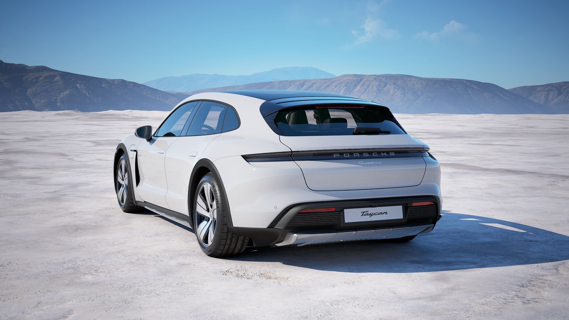 Exterior view of Taycan 4 Cross Turismo showing the back and left side of the car