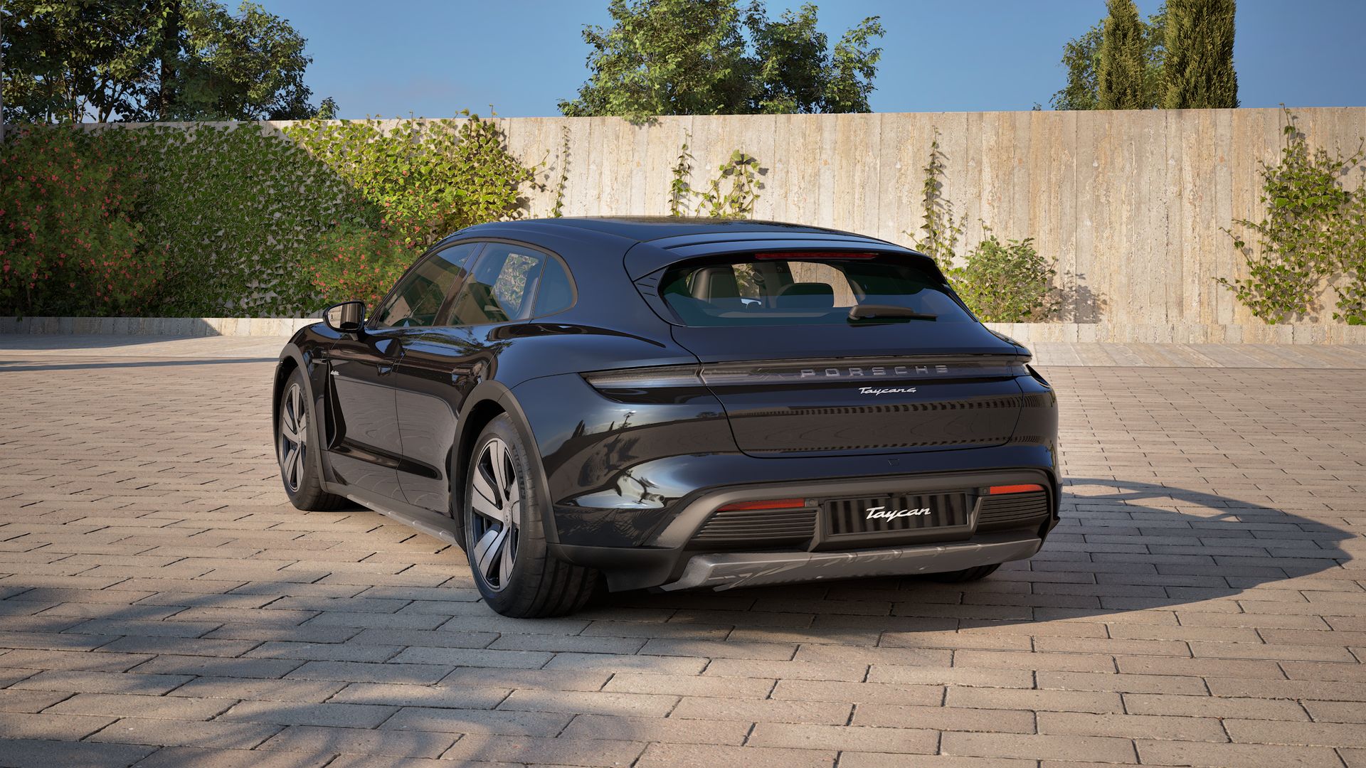 Exterior view of Taycan 4 Cross Turismo showing the back and left side of the car