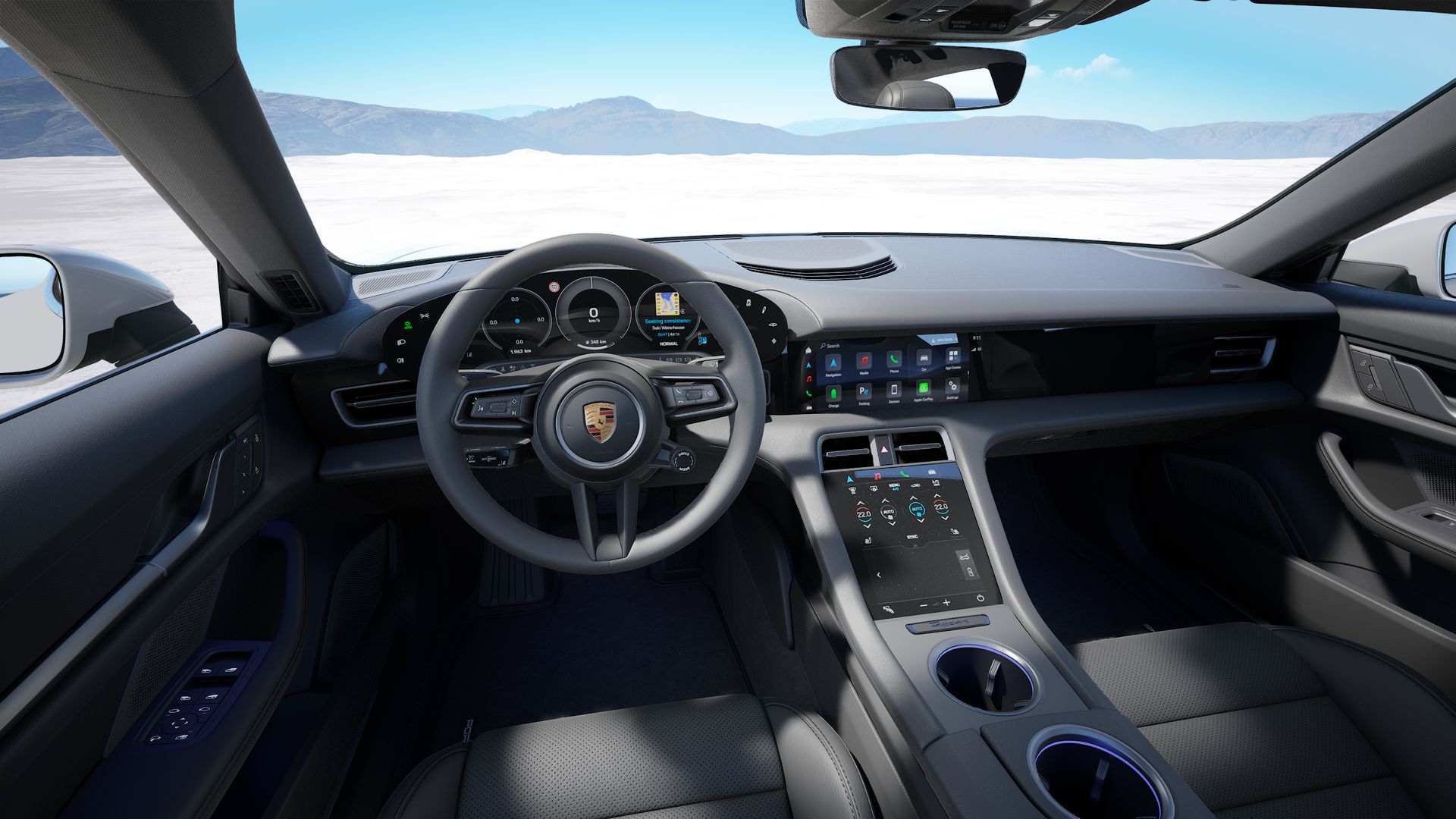 Interior view showing the steering wheel and dashboard of Taycan 4S Cross Turismo