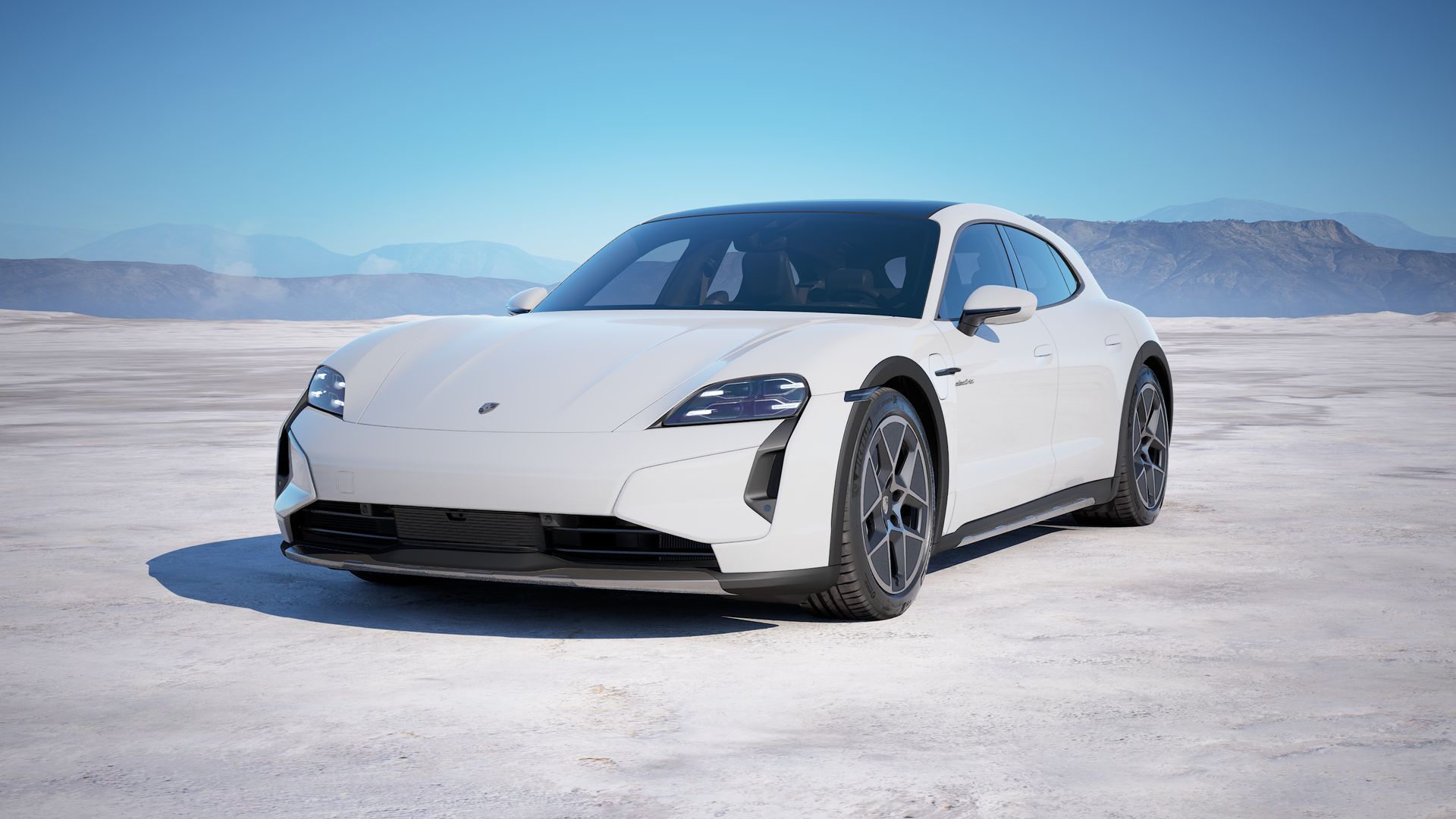 Exterior view of Taycan Turbo Cross Turismo showing the front and left side of the car