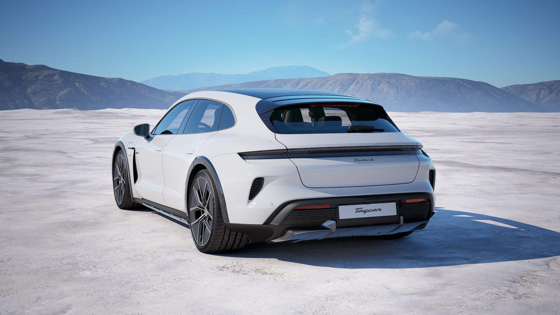 Exterior view of Taycan Turbo S Cross Turismo showing the back and left side of the car