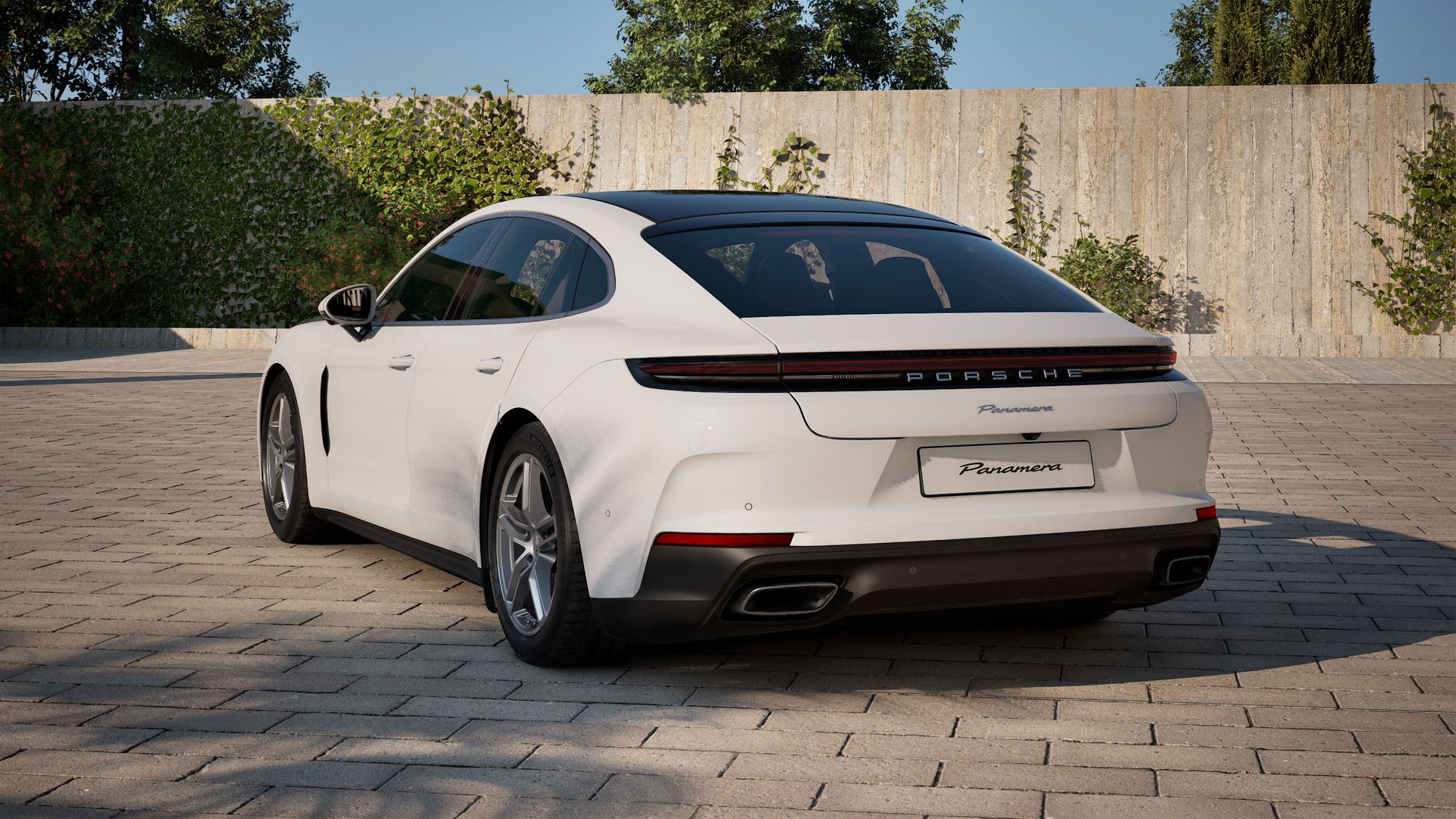 Exterior view of Panamera showing the back and left side of the car