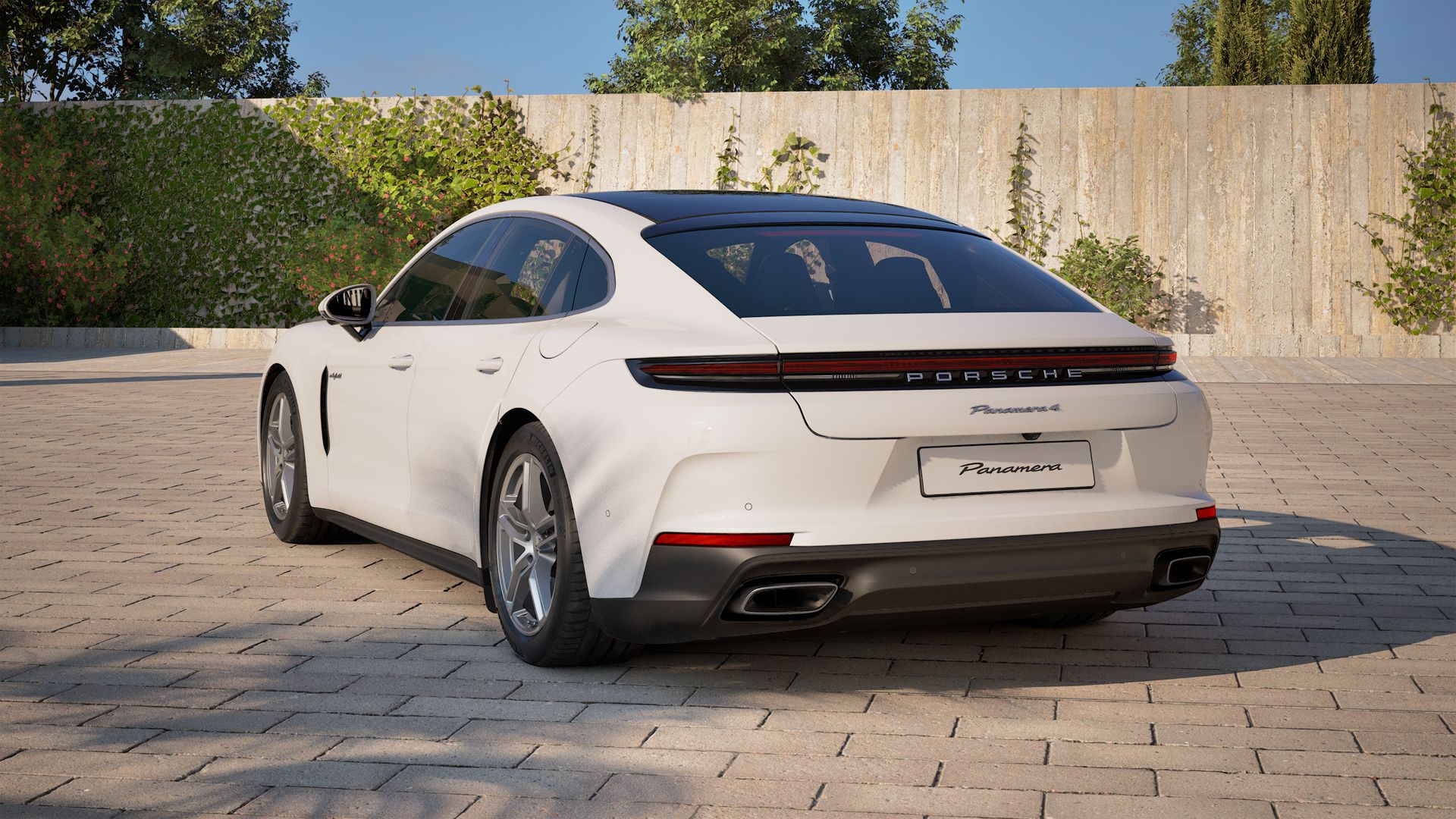 Exterior view of Panamera 4 E-Hybrid showing the back and left side of the car