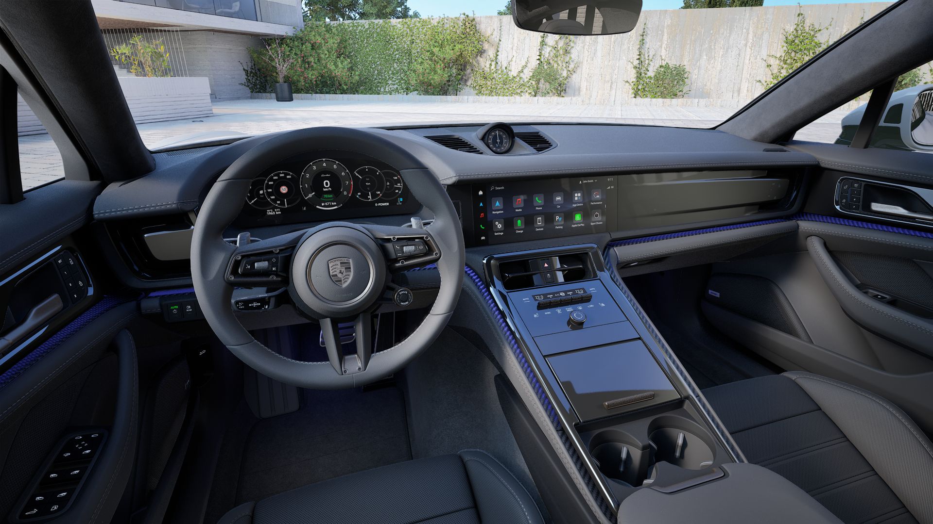 Interior view showing the steering wheel and dashboard of Panamera Turbo E-Hybrid