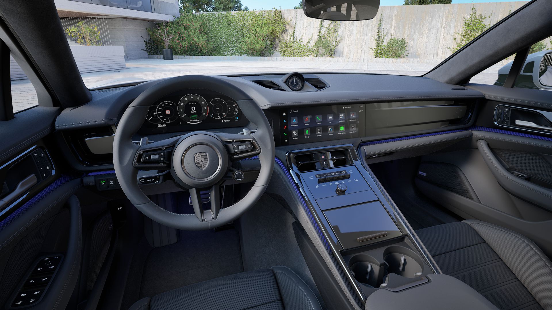 Interior view showing the steering wheel and dashboard of Panamera Turbo S E-Hybrid