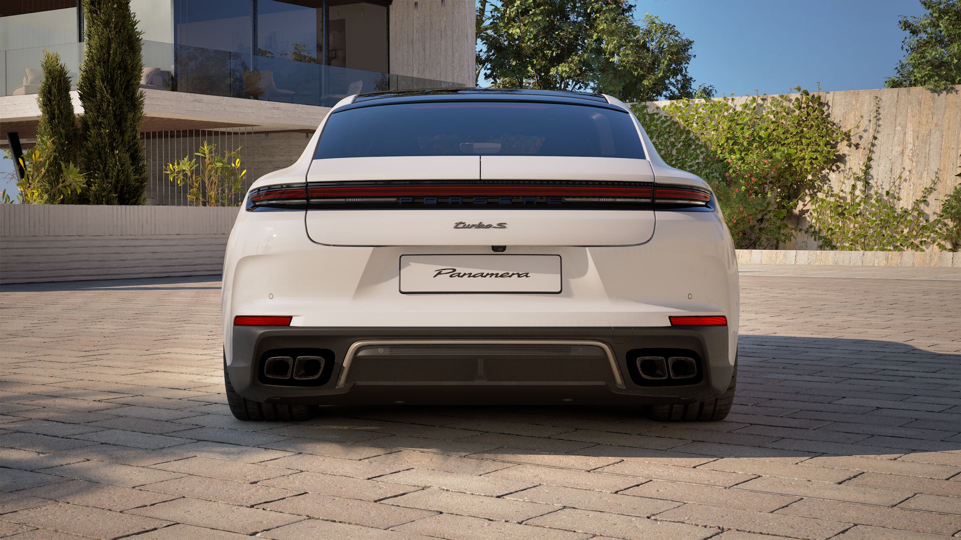 Exterior view of Panamera Turbo S E-Hybrid showing the rear of the car