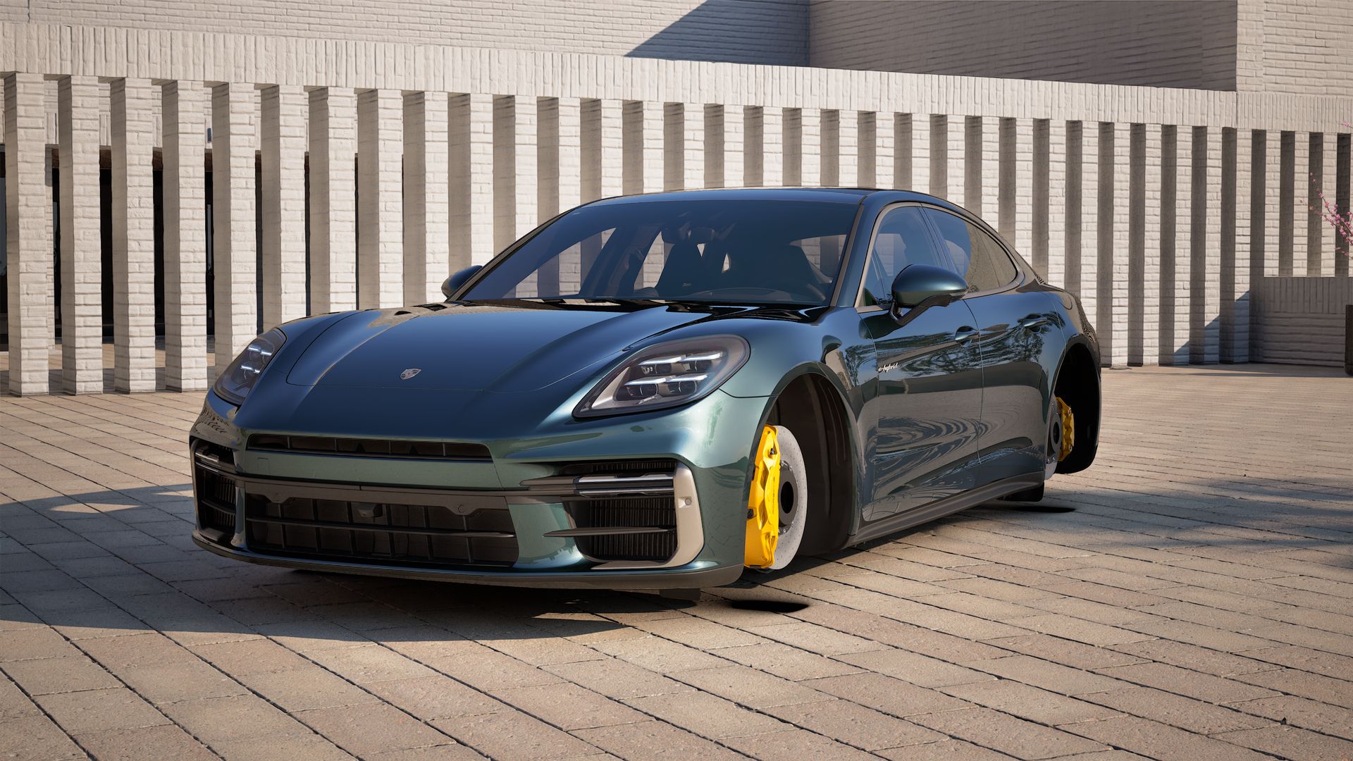 Exterior view of Panamera Turbo S E-Hybrid showing the front and left side of the car