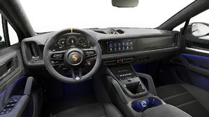 Innenansicht mit Lenkrad und Armaturenbrett von Cayenne Turbo E-Hybrid Coupé mit GT-Paket