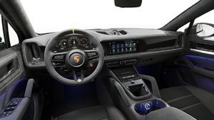 Innenansicht mit Lenkrad und Armaturenbrett von Cayenne Turbo E-Hybrid Coupé mit GT-Paket