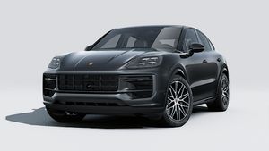 Außenansicht von Cayenne E-Hybrid Coupé Black Edition mit der Vorderseite und der linken Seite des Fahrzeugs