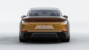Exterior view of Panamera Turbo E-Hybrid showing the rear of the car