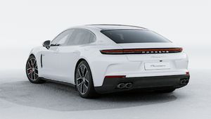 Exterior view of Panamera 4S E-Hybrid Executive showing the back and left side of the car
