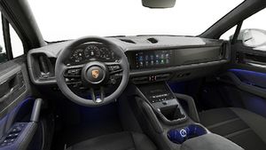 Vista interior, mostrando o volante e o painel de instrumentos de Cayenne GTS