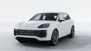 Exterior view of Cayenne Turbo E-Hybrid showing the front and left side of the car