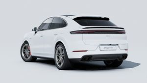 Exterior view of Cayenne Turbo E-Hybrid Coupe showing the back and left side of the car