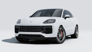 Exterior view of Cayenne Turbo E-Hybrid Coupe showing the front and left side of the car