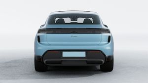 Exterior view of Macan Turbo Electric showing the rear of the car