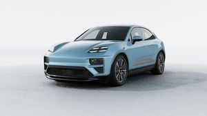 Exterior view of Macan Turbo Electric showing the front and left side of the car