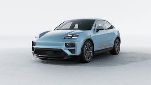 Exterior view of Macan Turbo Electric showing the front and left side of the car