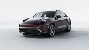 Exterior view of Macan Turbo Electric showing the front and left side of the car