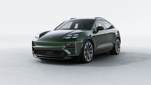 Exterior view of Macan Turbo Electric showing the front and left side of the car