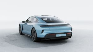 Exterior view of Taycan Turbo showing the back and left side of the car