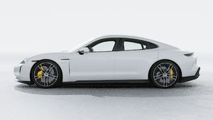 Exterior view of Taycan Turbo S showing the left side of the car