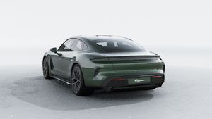 Exterior view of Taycan Turbo S showing the back and left side of the car
