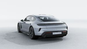 Exterior view of Taycan Turbo S showing the back and left side of the car
