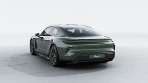 Exterior view of Taycan Turbo S showing the back and left side of the car