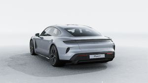 Exterior view of Taycan Turbo S showing the back and left side of the car