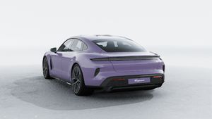 Exterior view of Taycan Turbo S showing the back and left side of the car