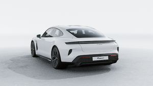 Exterior view of Taycan Turbo S showing the back and left side of the car