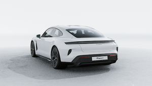 Exterior view of Taycan Turbo S showing the back and left side of the car