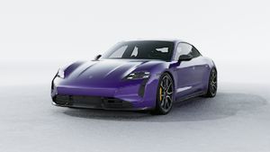 Exterior view of Taycan Turbo S showing the front and left side of the car