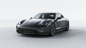Exterior view of Taycan Turbo S showing the front and left side of the car