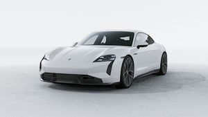 Exterior view of Taycan Turbo S showing the front and left side of the car