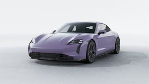 Exterior view of Taycan Turbo S showing the front and left side of the car