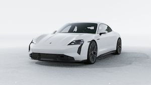 Exterior view of Taycan Turbo S showing the front and left side of the car