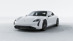 Exterior view of Taycan Turbo S showing the front and left side of the car