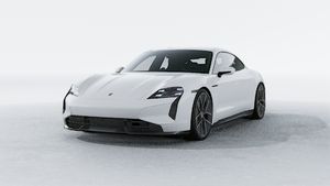 Exterior view of Taycan Turbo S showing the front and left side of the car