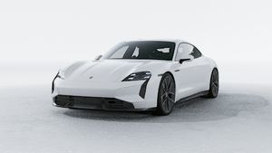 Exterior view of Taycan Turbo S showing the front and left side of the car