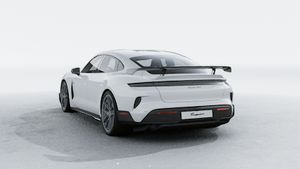Exterior view of Taycan Turbo GT with Weissach Package showing the back and left side of the car