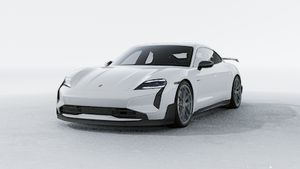 Exterior view of Taycan Turbo GT with Weissach Package showing the front and left side of the car