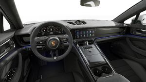 Interior view showing the steering wheel and dashboard of Panamera GTS