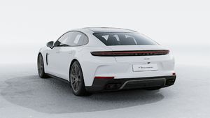 Exterior view of Panamera Turbo E-Hybrid showing the back and left side of the car